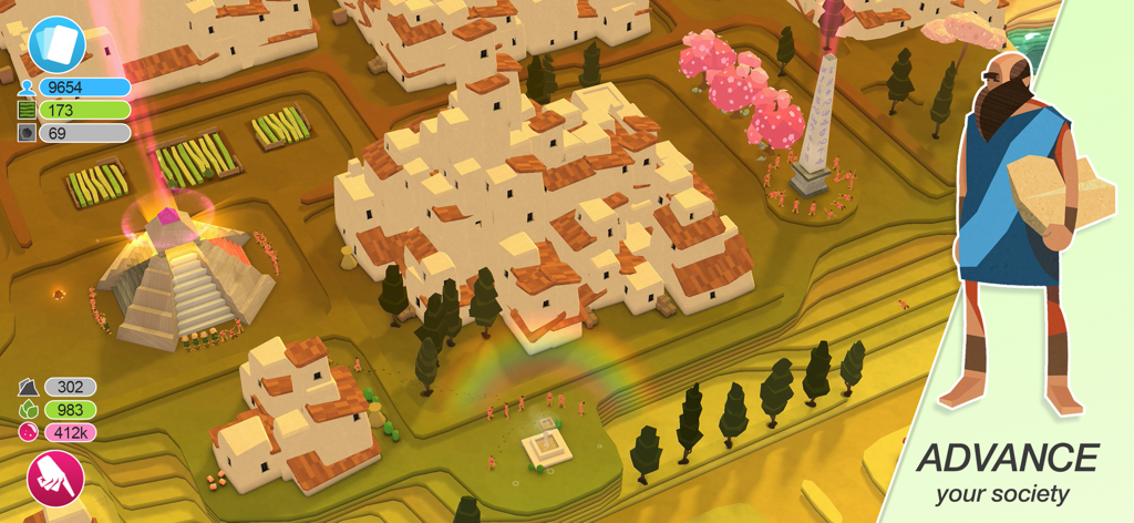 Godus - Une civilisation low poly dynamique dans Godus, avec des maisons et des monuments sur un paysage étagé.