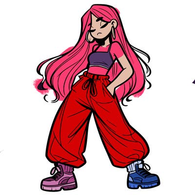 girl in baggy pants crop top and long hair