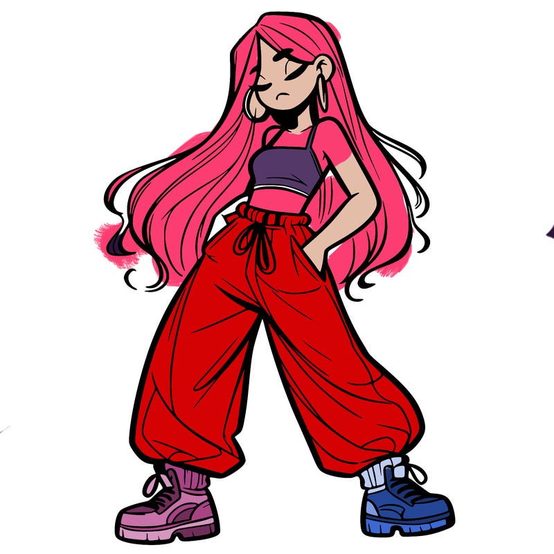 girl in baggy pants crop top and long hair