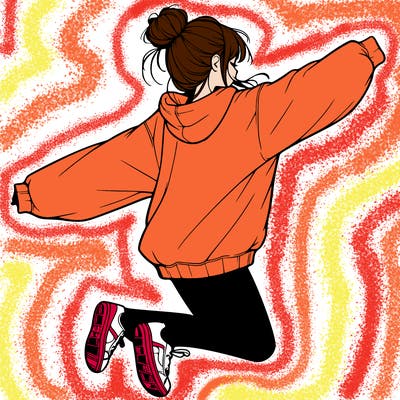 realistic girl jumping with a bun and oversized sweatshirt