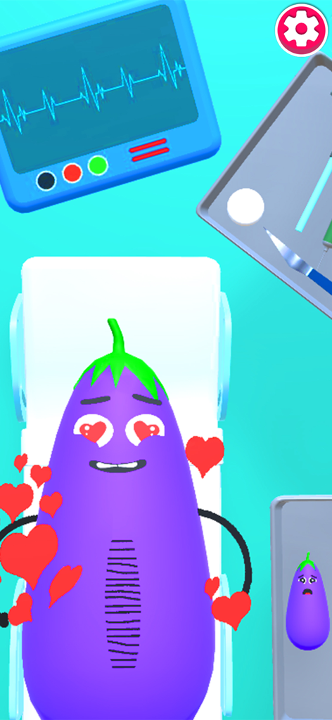 Fruit Doctor 3D: Fruit Clinic - A happy purple eggplant character with heart eyes on an operating table in a fruit clinic simulation game.