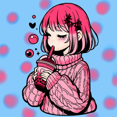 manga girl drinking boba in cozy sweater