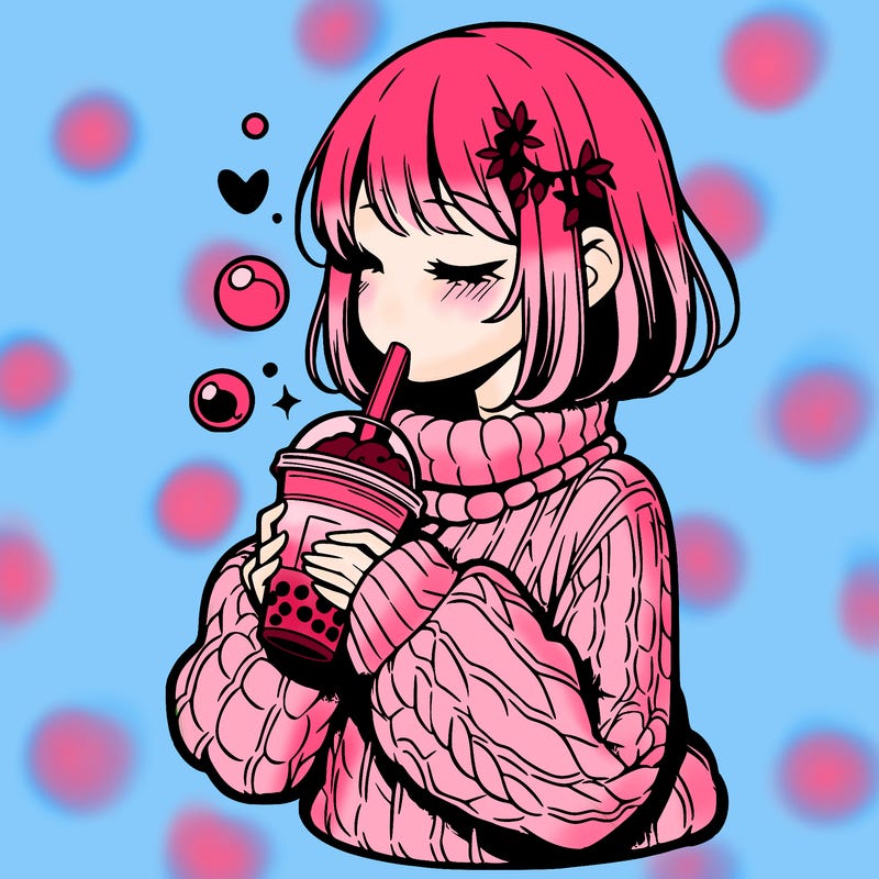 manga girl drinking boba in cozy sweater