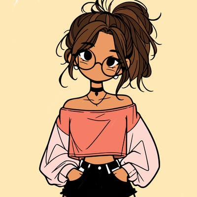 girl with a messy ponytail glasses a baggy crop top and jean shorts