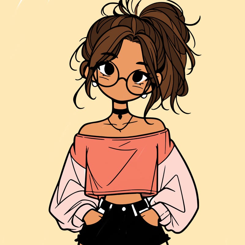 girl with a messy ponytail glasses a baggy crop top and jean shorts