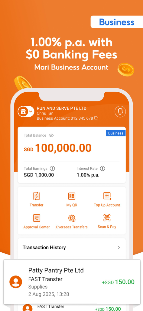 MariBank Singapore - MariBank Singapur Geschäftskonto-Oberfläche, die den Gesamtbetrag und Null Bankgebühren anzeigt.