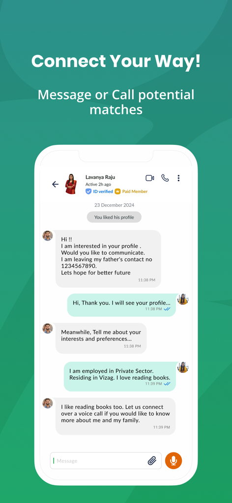 Schermata di un'app mobile che mostra una conversazione in chat con un profilo verificato su Marathi Matrimony