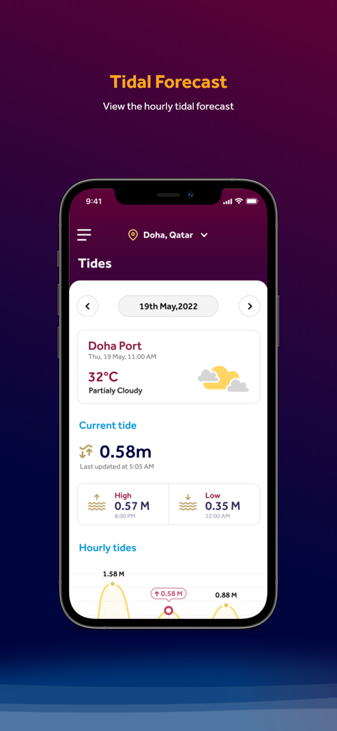 도하 항구 카타르의 조수 예보와 시간별 조수를 보여주는 Q Weather 앱 화면