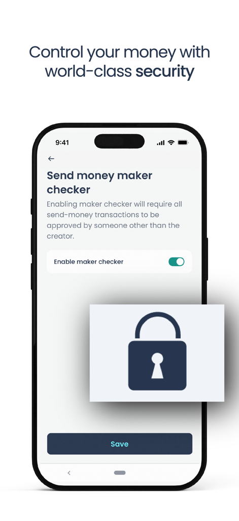Mobile screen showing Kopo Kopo security settings for transaction approval with a maker checker feature.