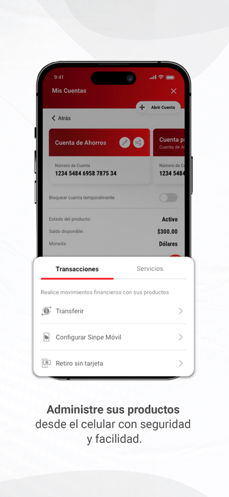 App Davivienda Costa Rica - Mobile interface of App Davivienda Costa Rica displaying savings account balance and transaction menu