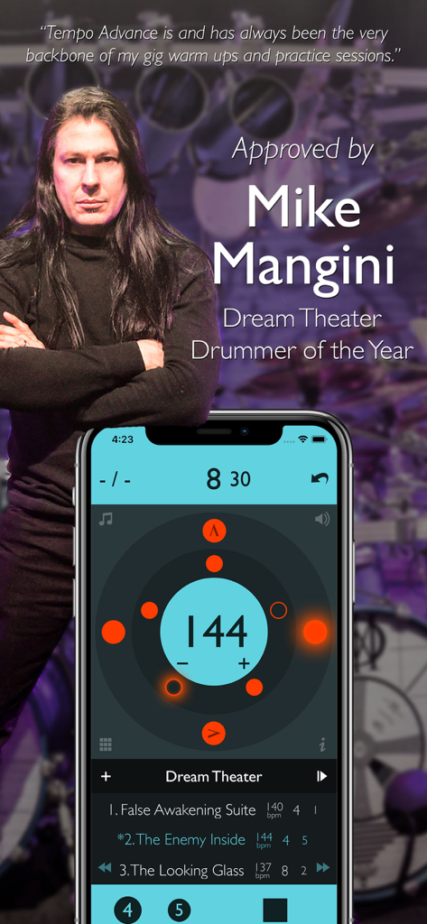 Le batteur professionnel Mike Mangini fait la promotion de l'application de métronome Tempo Advance, dotée d'une interface technique et d'une setlist.