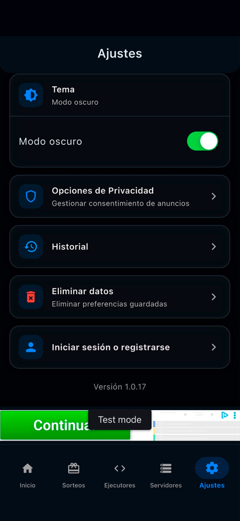 Bublox - Pantalla de configuración de la aplicación Bublox con un interruptor de modo oscuro y opciones de inicio de sesión de cuenta.