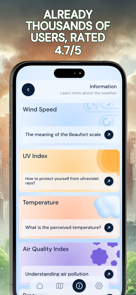 Pollution • Pollen • Widget - Information screen in the Pollution and Pollen app showing cards for wind speed, UV index, temperature, and air quality index.