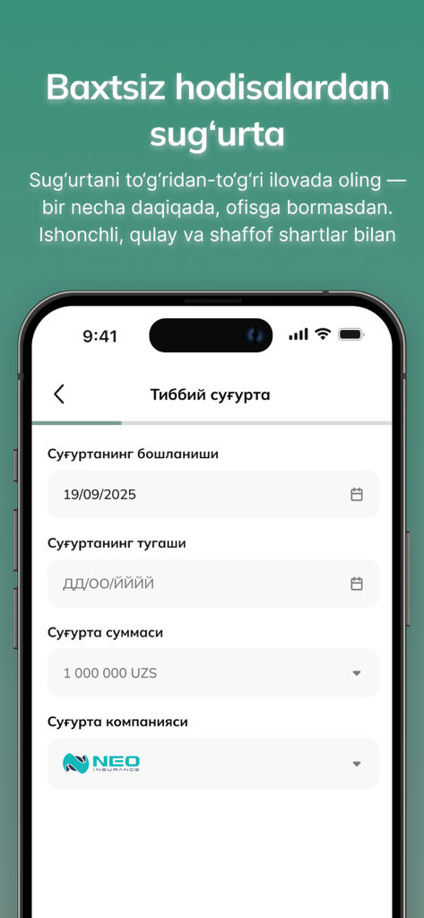 Sino AI - Tela de smartphone do aplicativo Sino AI exibindo um formulário de registro de seguro médico e de acidentes