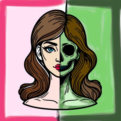 bust of a woman, half face and hair, half skull