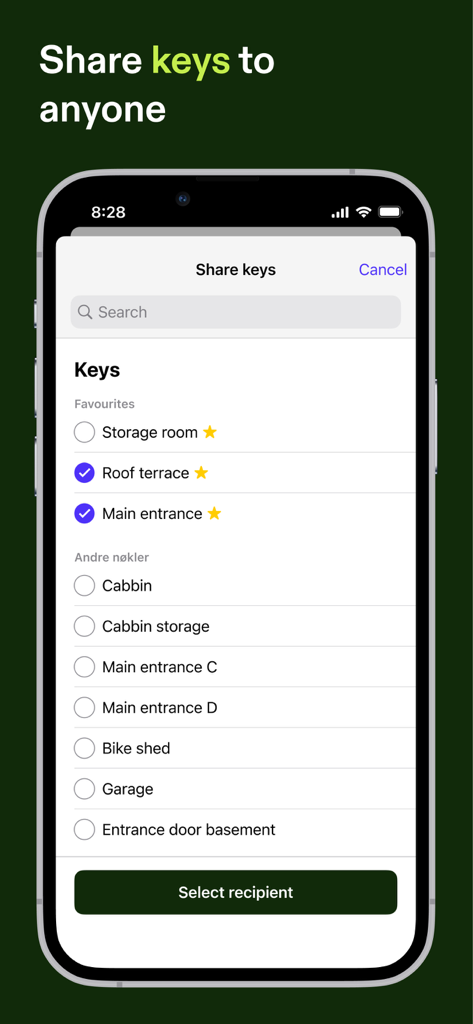 Unloc. - Interface of the Unloc app showing a list of selectable digital keys to share with other users