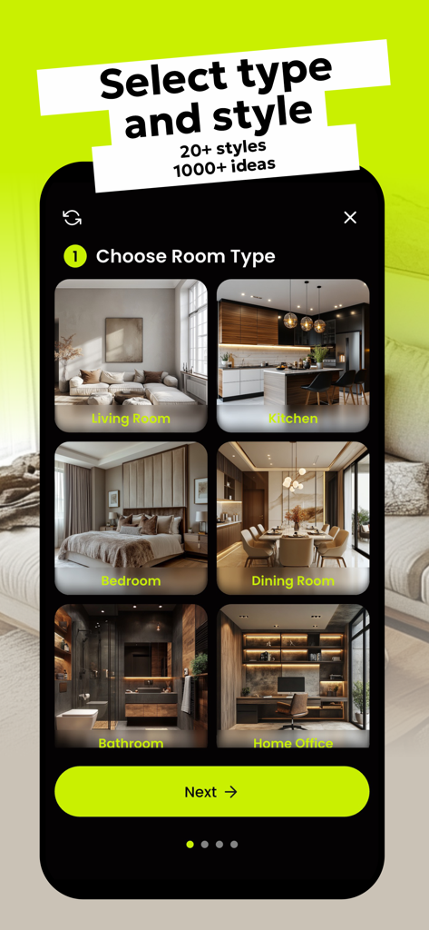 Interface do aplicativo Home Design Interior AI mostrando diferentes tipos de cômodos para escolher, incluindo sala de estar, cozinha e quarto