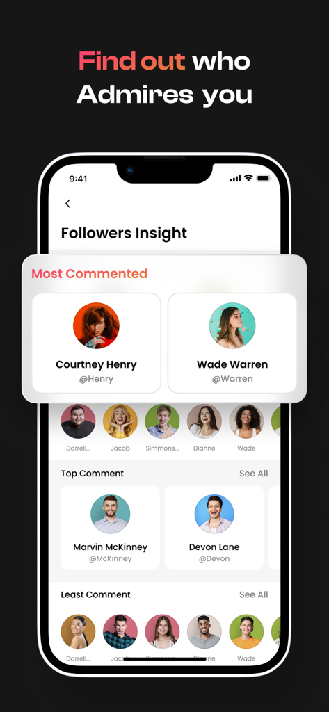 Followers+ Track for IG - Mobile app interface showing Instagram follower insights and engagement metrics like most and top commented users.