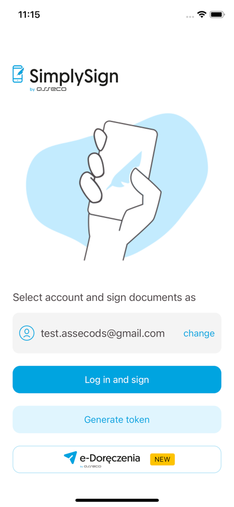 Certum SimplySign - Interface de login da aplicação móvel SimplySign para assinatura de documentos eletrónicos e geração de tokens.