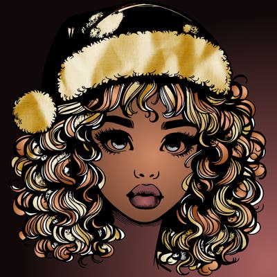 realistic girl with a santa hat curly hair and lips