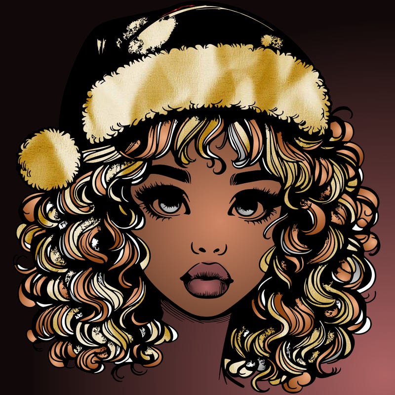 realistic girl with a santa hat curly hair and lips