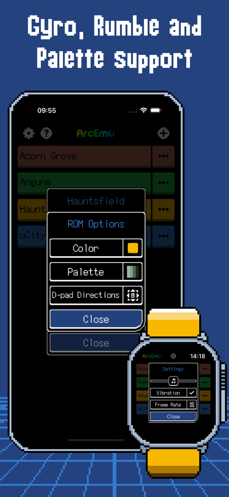 Menú de configuración de ArcEmu en iPhone y Apple Watch mostrando opciones de ROM para color y vibración