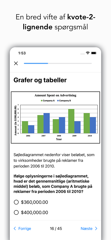 Kvote 2 Quiz - Une question d'interprétation de données montrant un diagramme à barres dans l'application éducative Kvote 2 Quiz