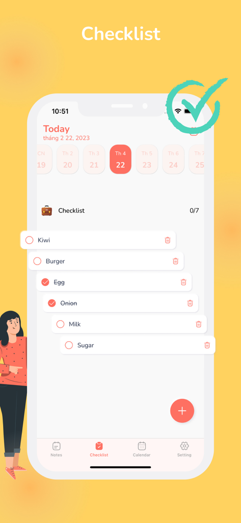 Color Note: Lock Notes Widget - A minimalist mobile app screen showing a grocery checklist with items like kiwi and milk and a calendar view at the top