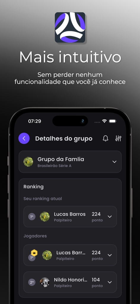 Bolão Entre Amigos - Soccer pool ranking interface in the Bolao app