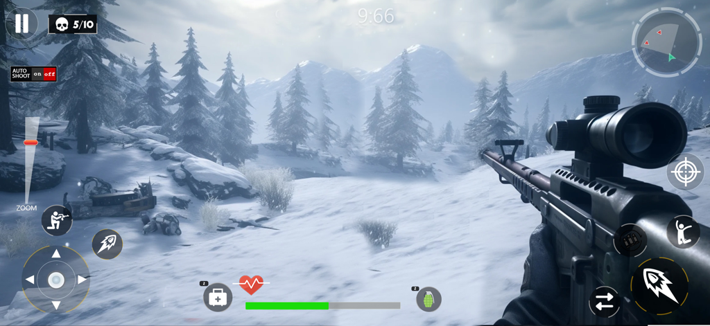 Vista en primera persona de un rifle de francotirador en un entorno de montaña nevado con controles de juego.