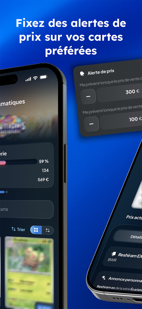 Tela de smartphone mostrando a interface do aplicativo Cardzia para definir alertas de preço e acompanhar os valores da coleção de cards de Pokémon.