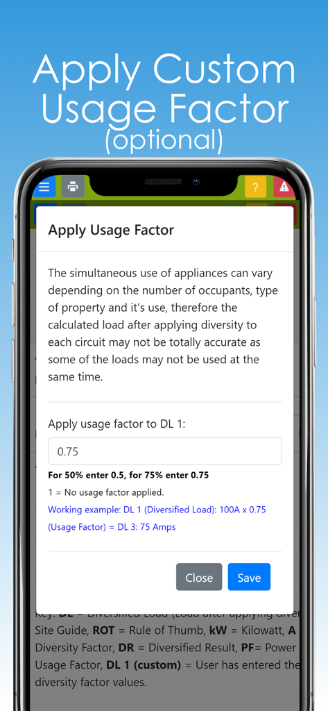 A smartphone screen displaying the Apply Usage Factor setting in the Diversity Calculator app for electrical load calculations.