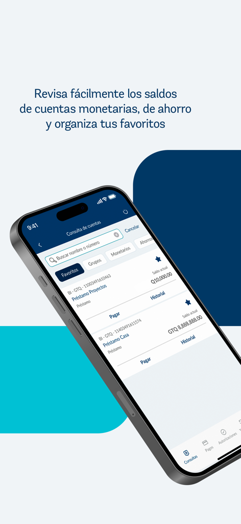 Bi Banking - Pantalla de la aplicación móvil Bi Banking con saldos de cuentas bancarias y una lista de favoritos.