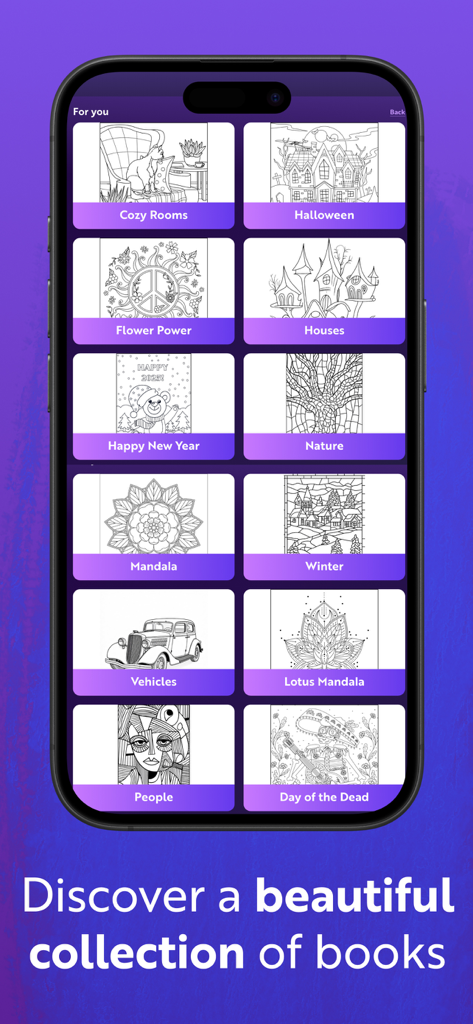 Zenful: Cozy Coloring Books - A smartphone screen displaying various coloring book themes like mandalas nature and cozy rooms in the Zenful app interface