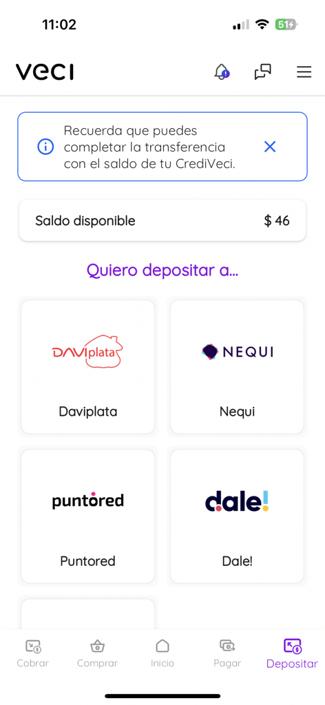 Nequi、DaviPlata、Puntored、Daleへの入金オプションと利用可能な残高表示を示すVeciアプリインターフェイス。