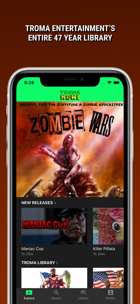 Troma NOW! - Troma NOW streaming app showing horror movies like Zombie Wars and Maniac Cop