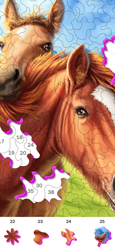 数字のピースと木製のテクスチャを備えた2頭の馬の3Dジグソーパズル。