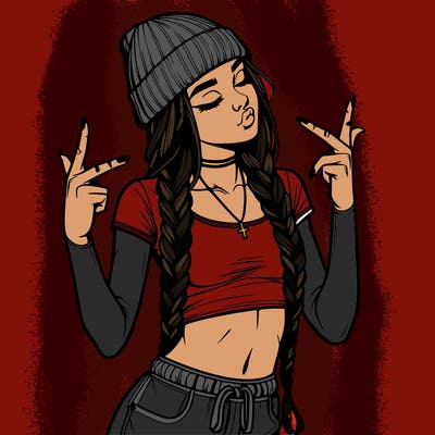 realistic teenage girl with braids and a beanie and crop top doing 🫶🏼