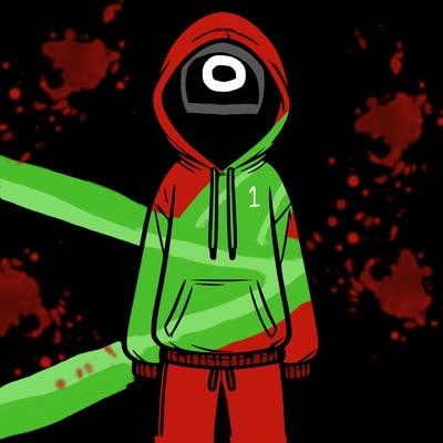 faceless girl in a tracksuit with a hood on and no hair