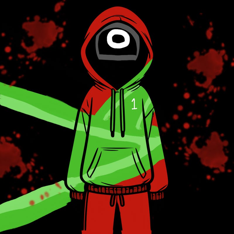 faceless girl in a tracksuit with a hood on and no hair