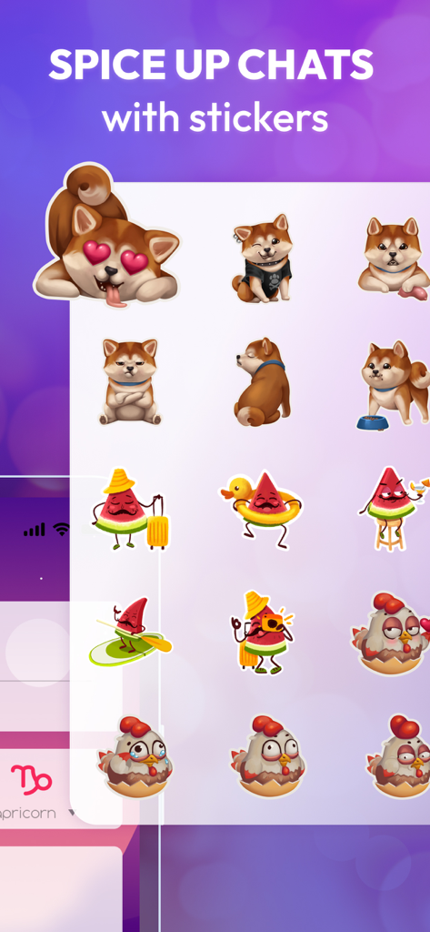 My Virtual Boyfriend Talk - A variety of cute stickers including Shiba Inu dogs and watermelons for chat conversations