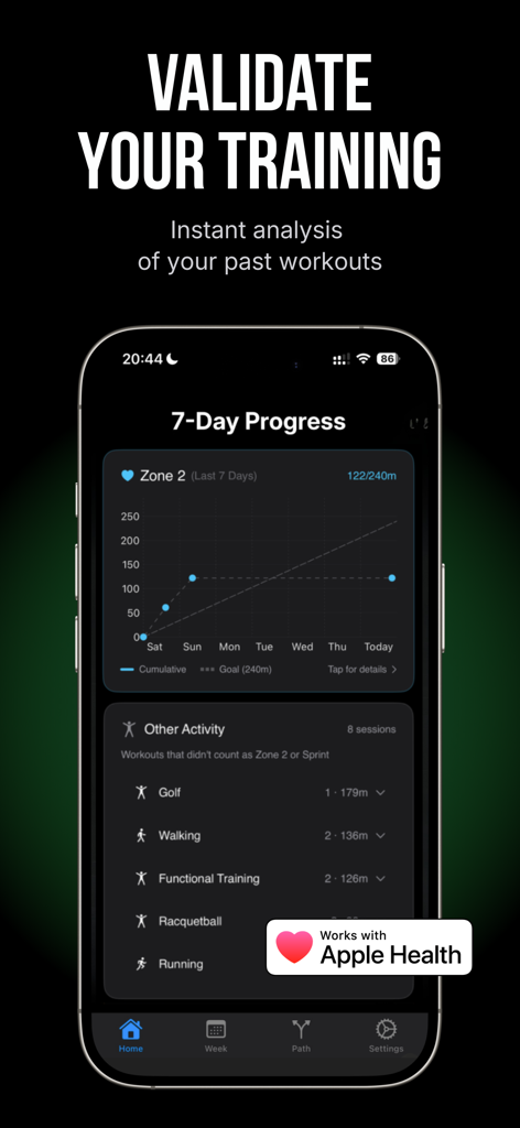 Zone 2 AI: Vo2 Max & Endurance - Interfaccia dell'app Zone 2 AI che mostra un grafico di progresso dell'allenamento di 7 giorni e registro attività integrato Apple Health.