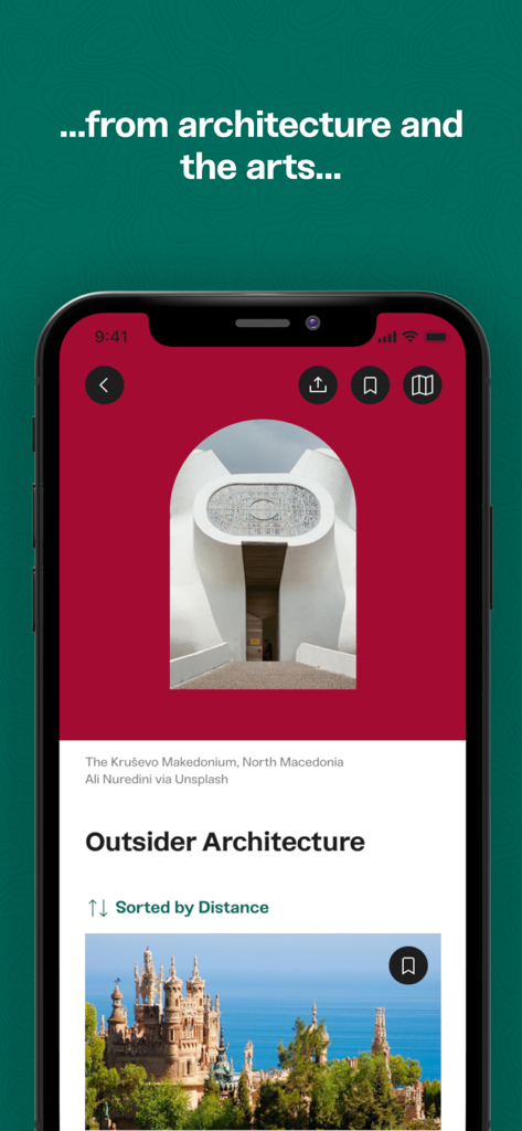 Atlas Obscura Travel Guide - Atlas Obscura app screen showcasing outsider architecture and hidden travel gems