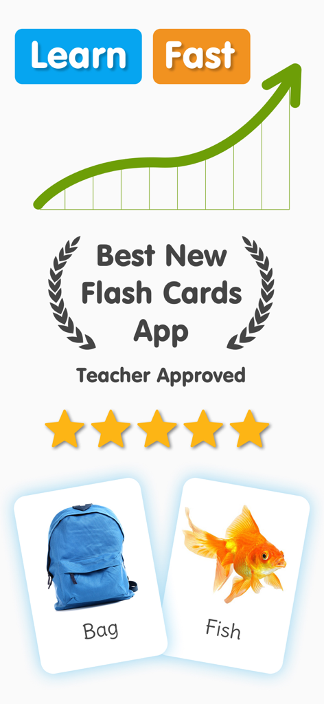 Flash Cards: ABC Learning Kids - 교사 승인 배지, 별 5개 등급, 교육용 플래시 카드가 포함된 Flash Cards ABC Learning Kids 앱 프로모션 그래픽.