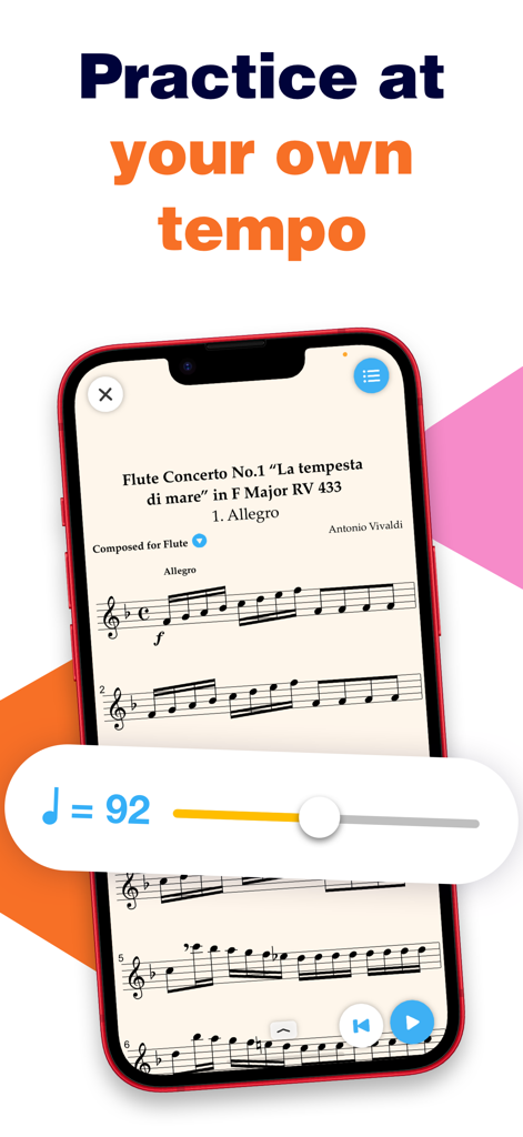 Metronautアプリのインターフェース。フルート楽譜が表示され、テンポスライダーが92 BPMに設定されています。