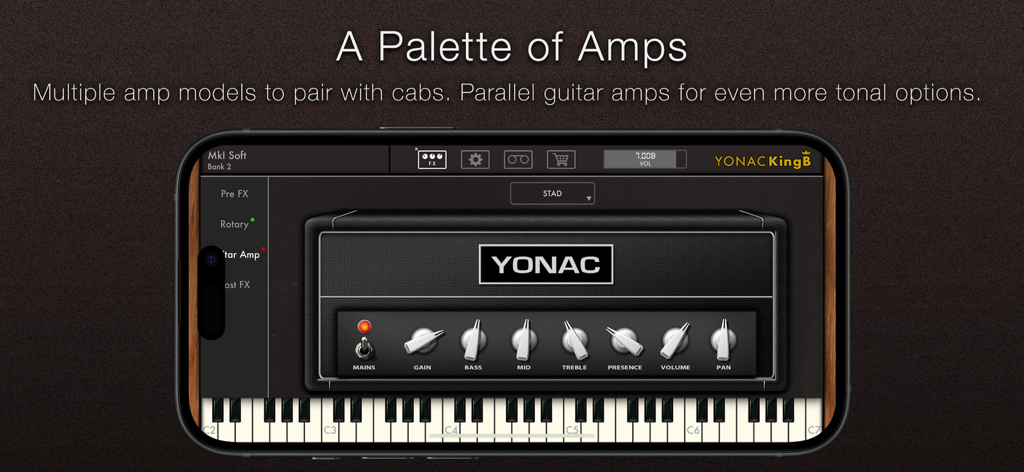 KingB Organ - KingB Organ app displaying a virtual guitar amplifier with control knobs for gain and EQ above a piano keyboard on a smartphone screen