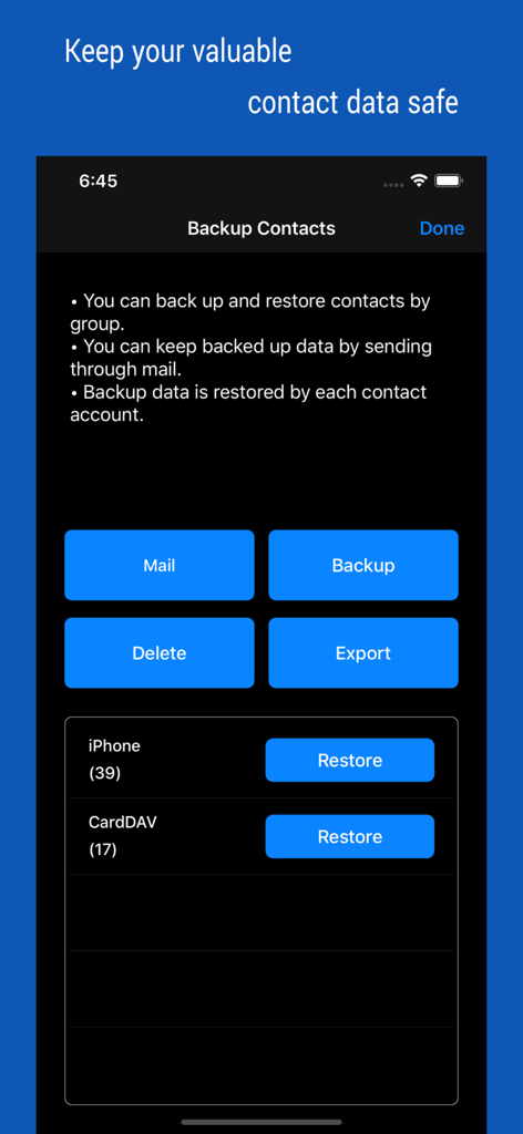 Interface showing contact backup and restoration options including mail backup and data export.