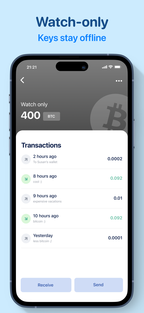BlueWallet mobile app interface showing a watch-only bitcoin wallet with transaction history and balance