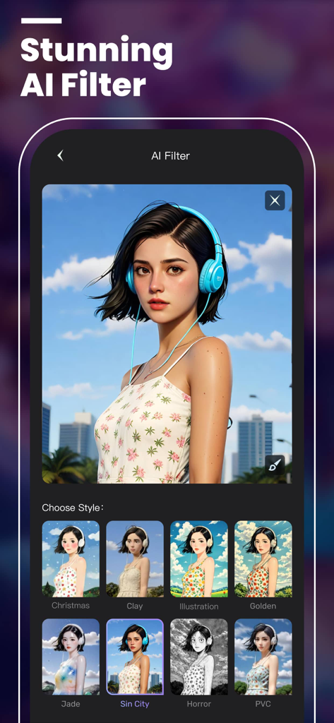 Interfaz de la aplicación UniDream AI mostrando un retrato de una mujer con auriculares siendo editada con varios filtros de arte IA como Sin City e Ilustración