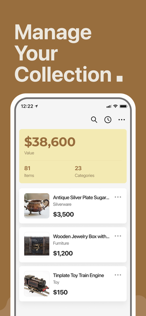 AntiqSnap: Antique ID & Value - Mobile app interface for managing and valuing an antique collection